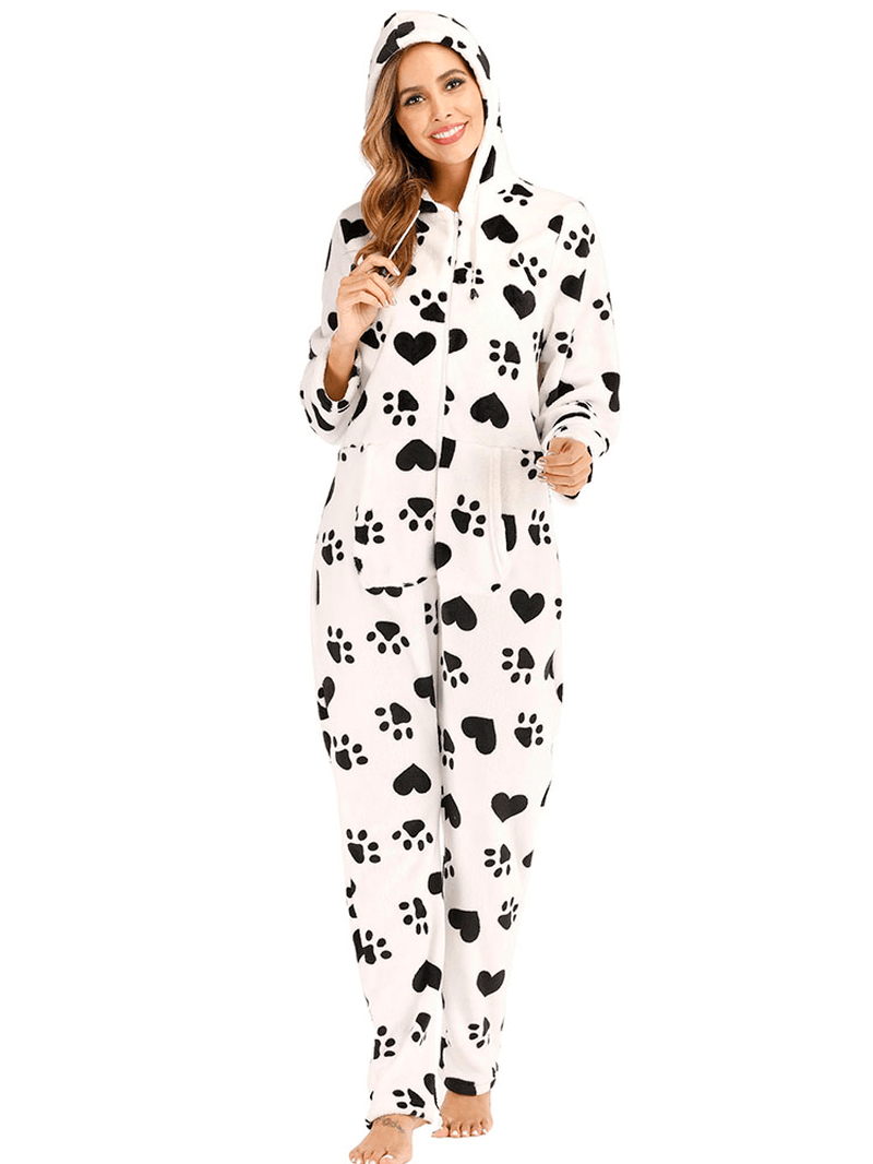 Front Zipper Hoodie Long Sleeve Flannel Print Casual Pajama Set - MRSLM