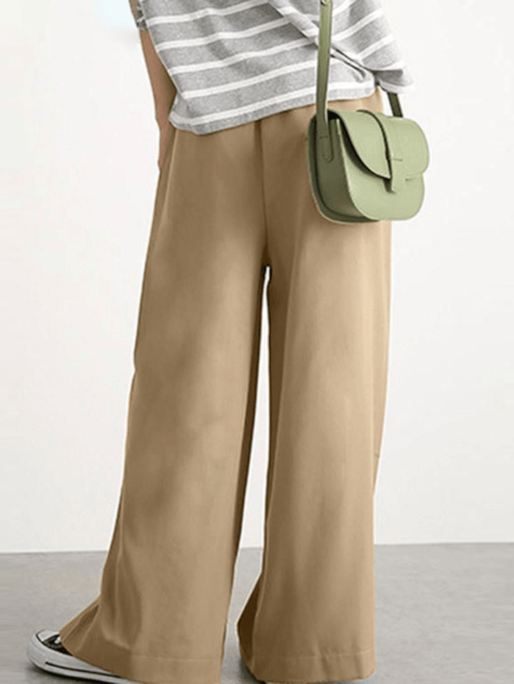Women Casual Solid Color Elastic Waist Wide Leg Pants with Pocket - MRSLM