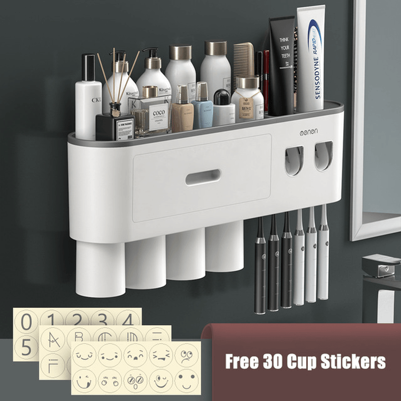 Magnetic Adsorption Inverted Toothbrush Holder Automatic Toothpaste Dispenser Holder Wall Mount Rack Storage for Bathroom Home - MRSLM