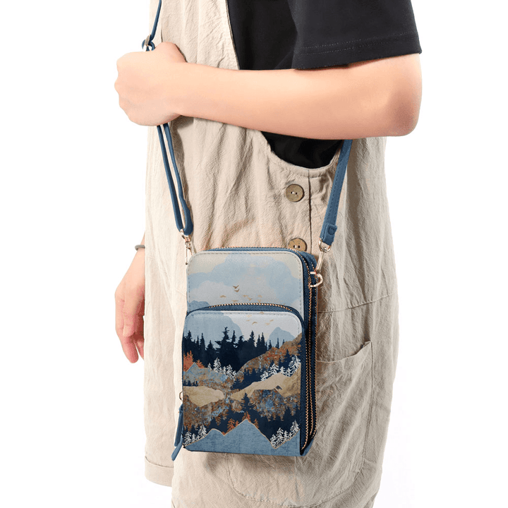 Women Faux Leather Ladies Mountain Treetop Print Bag 6.3 Inch Phone Bag Crossbody Bag - MRSLM