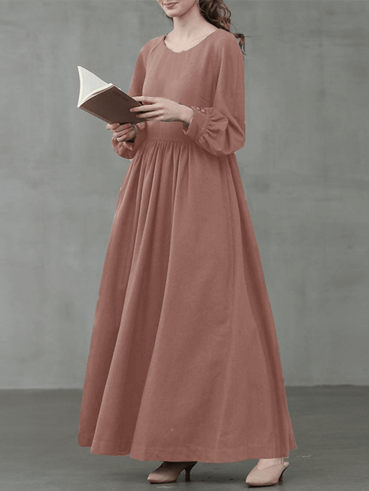 Women Solid Color Vintage Lantern Sleeve High Waist Bohemian Maxi Dress - MRSLM
