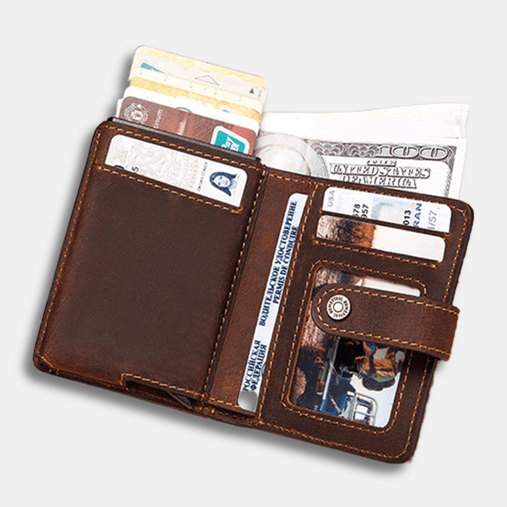Men Genuine Leather Retro RFID Antimagnetic Multifunction Money Clips Short Wallet Purse - MRSLM