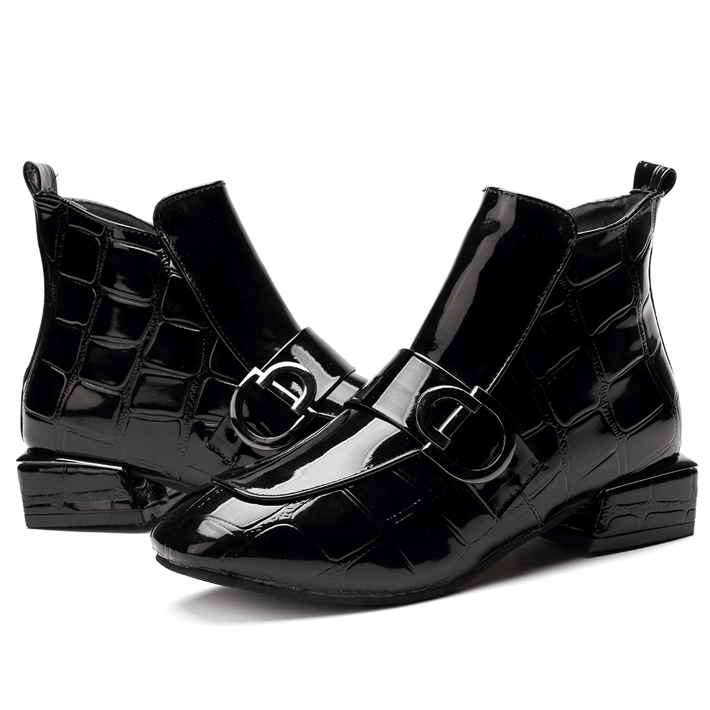 Women Chic Embossed Patent Buckle Zipper Ankle Boots - MRSLM