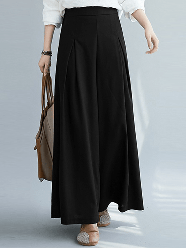 Women's Loose Fit Wide Leg Pants - Solid Color with Pleats, Pockets and Elastic Waist - MRSLM