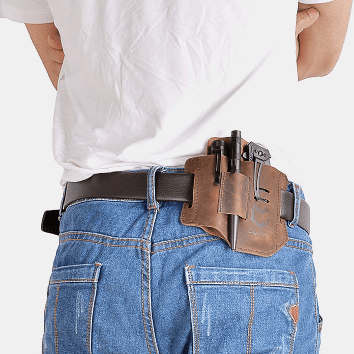 Men Genuine Leather EDC Belt Loop Waist Multitool Sheath Belt Bag - MRSLM