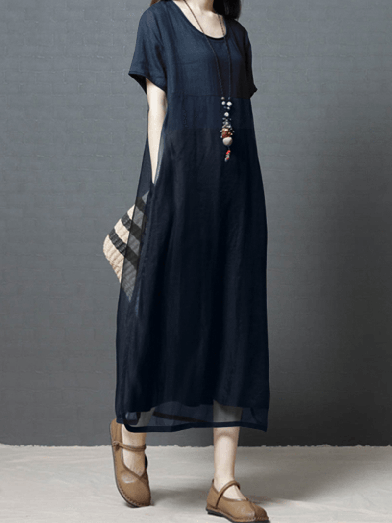 Women Solid Color Patchwork round Neck Cotton Midi Dress with Pocket - MRSLM