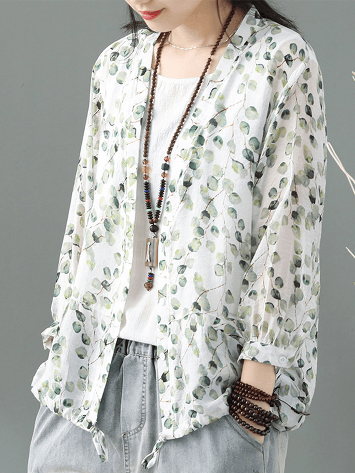 Long Sleeve Print Bandage Vintage Kimono Blouse for Women - MRSLM