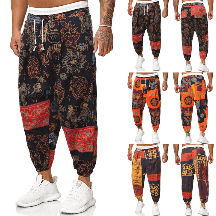 Casual Harem Pants Men'S Ethnic Style Cotton and Linen Loose Cropped Trousers - MRSLM