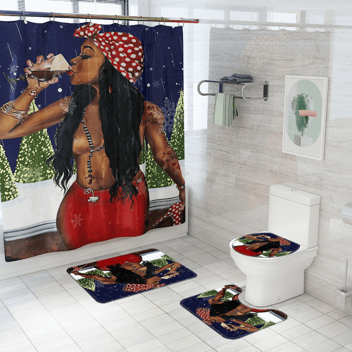 LVKA YL Shower Curtain Waterproof Non-Slip Rug Toilet Cover Mat Bath Decor - MRSLM