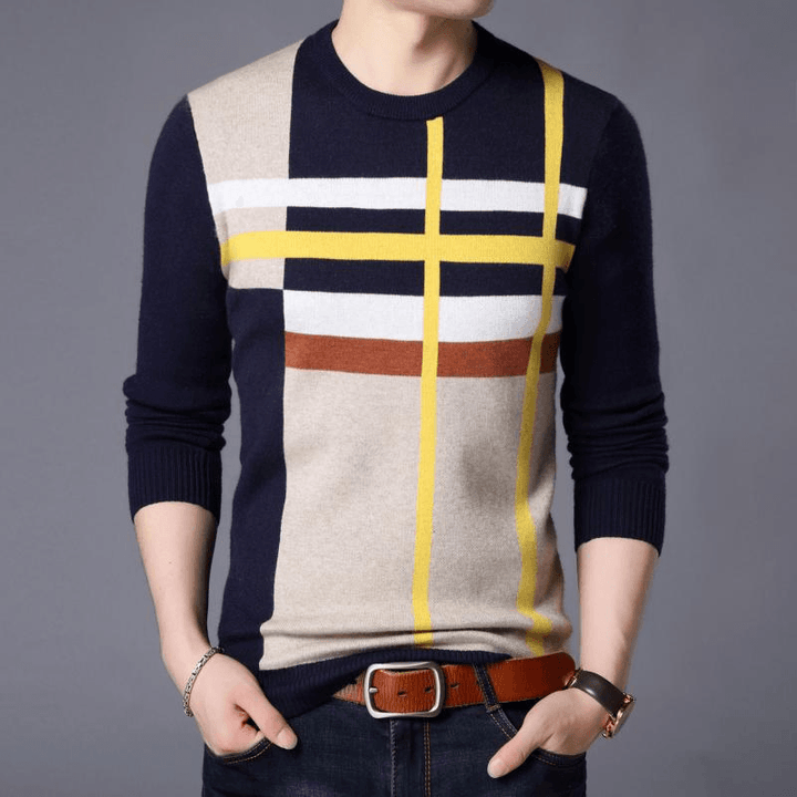 Men'S round Neck Striped Loose Long Sleeve Sweater - MRSLM