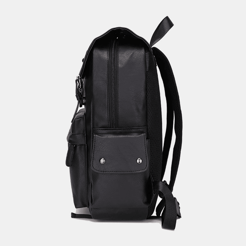 Men Casual Travel Multi-Pocket Large Capacity Backpack Solid Retro Wear-Resistant Waterproof PU Soft Leather 14 Inch Laptop Bag - MRSLM