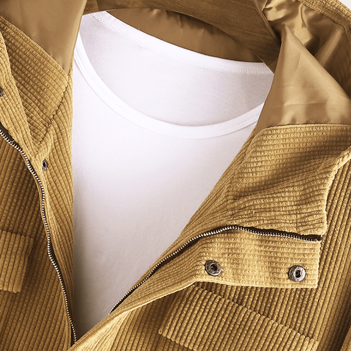 Mens Vintage Corduroy Hooded Practical Pockets Long Sleeve Casual Jacket - MRSLM