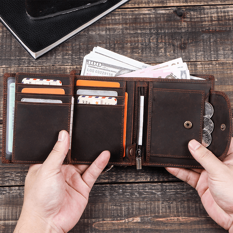 Men Genuine Leather Wallet Trifold RFID Anti-Theft Brush Multi-Card Slot Card Holder Coin Purse Money Clip - MRSLM