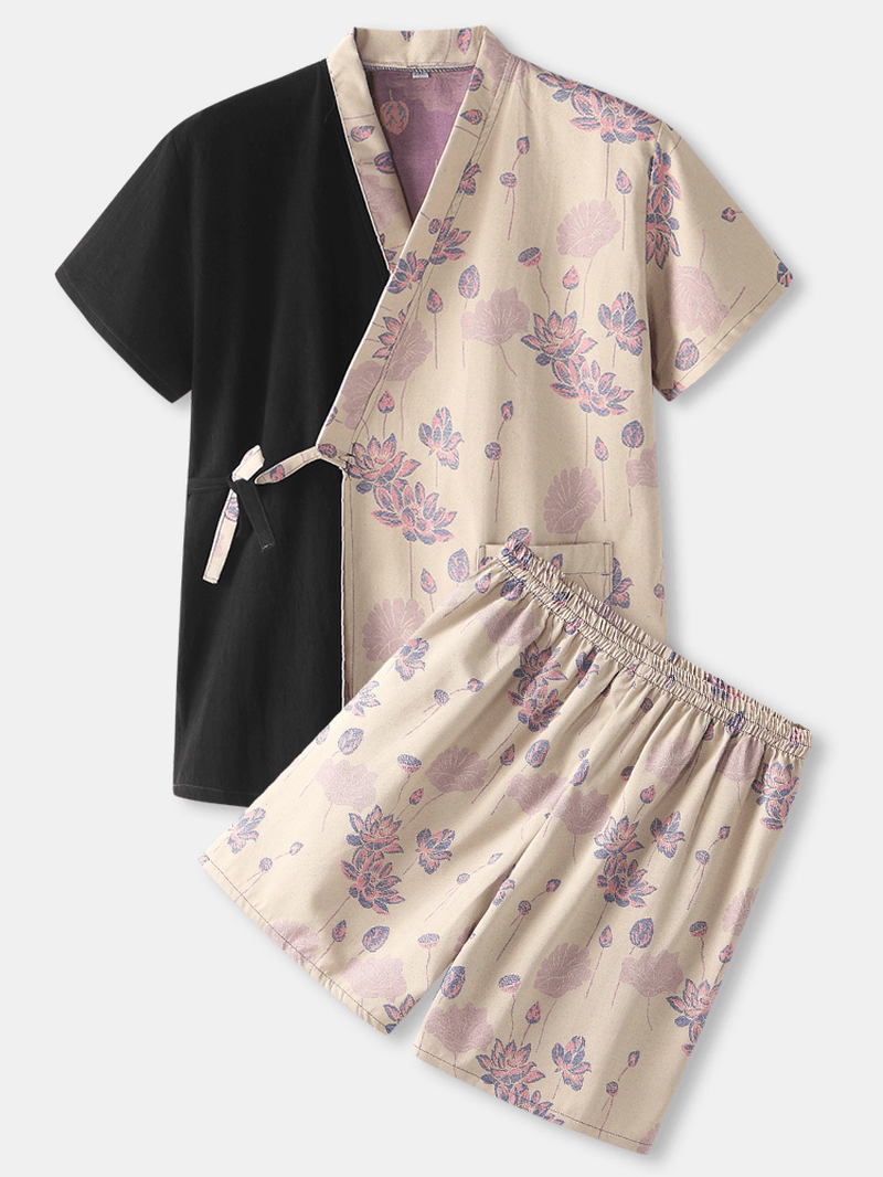 Mens Contrast Color Floral Print Lace-Up Cotton Two-Piece Sauna Bathwear Home Pajamas - MRSLM
