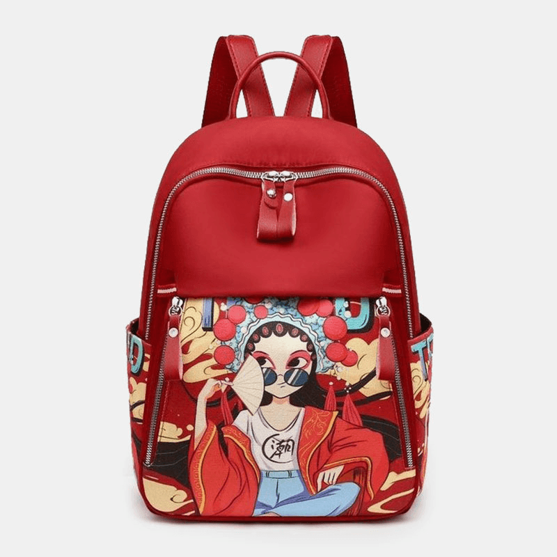 Women Oxford Cartoon Peking Opera Characters Printed Backpack Large Capacity Multi-Pocket Shoulder Bag - MRSLM