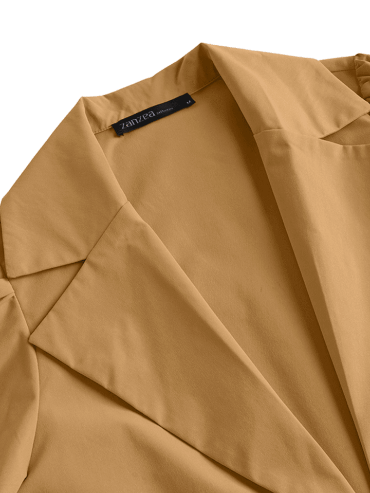Women Puff Sleeve Solid Color Side Pockets Lapel Collar Full Sleeve Calf Length Cardigan - MRSLM