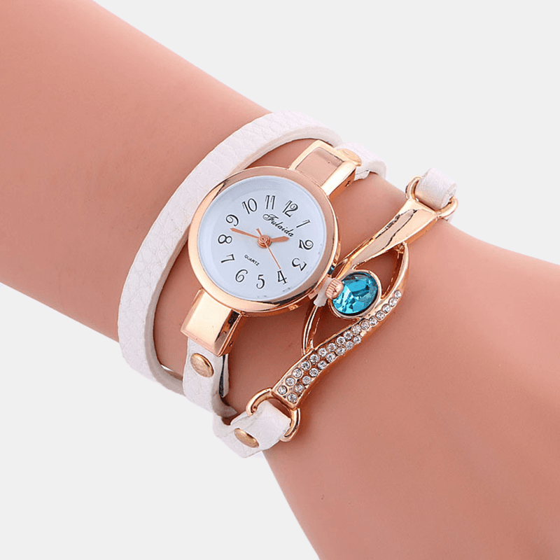 Retro Pu Strap Rhinestone Multi-Layer Lady Watch Metal Blue Crystal Adjustable Wrist Watch Quartz Watch - MRSLM