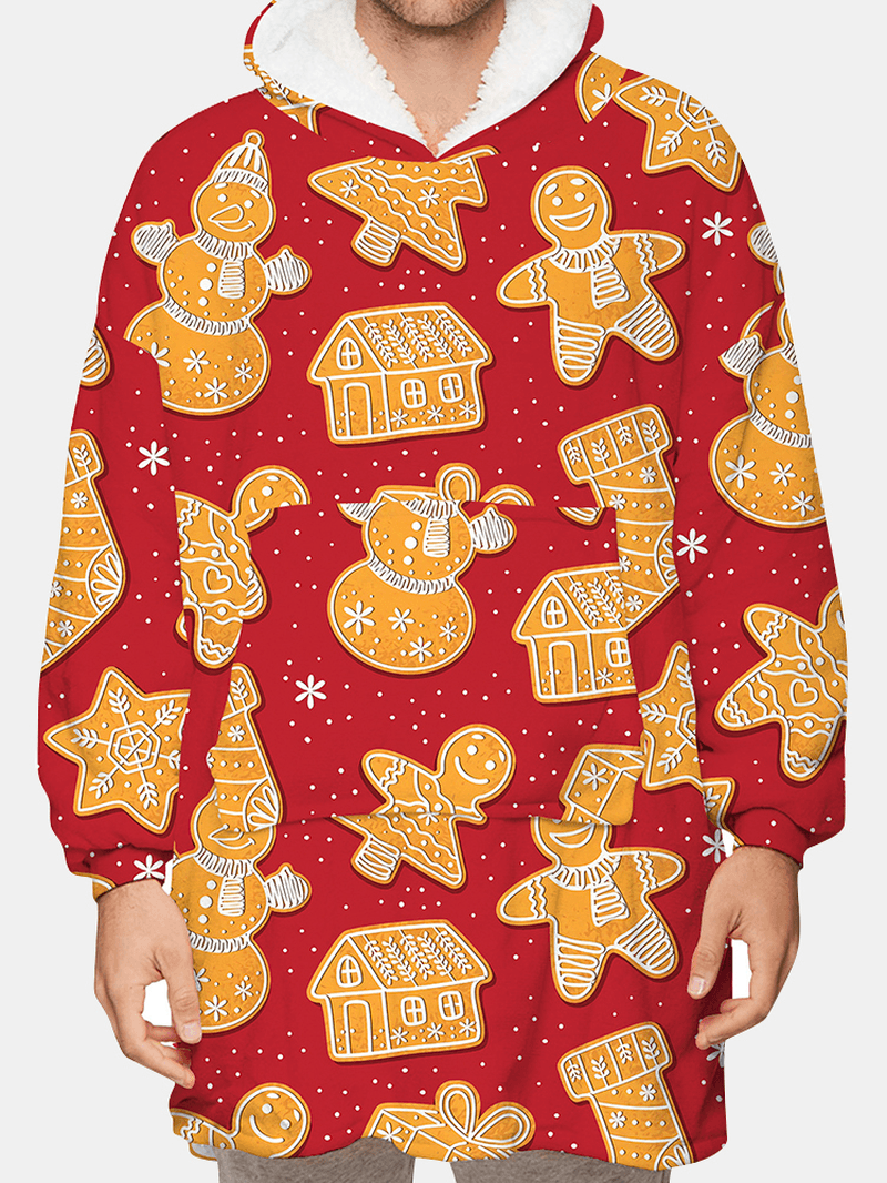 Mens Christmas Gingerbread Print Reversible Fleece Lined Blanket Hoodie Warm Loungewear with Pocket - MRSLM