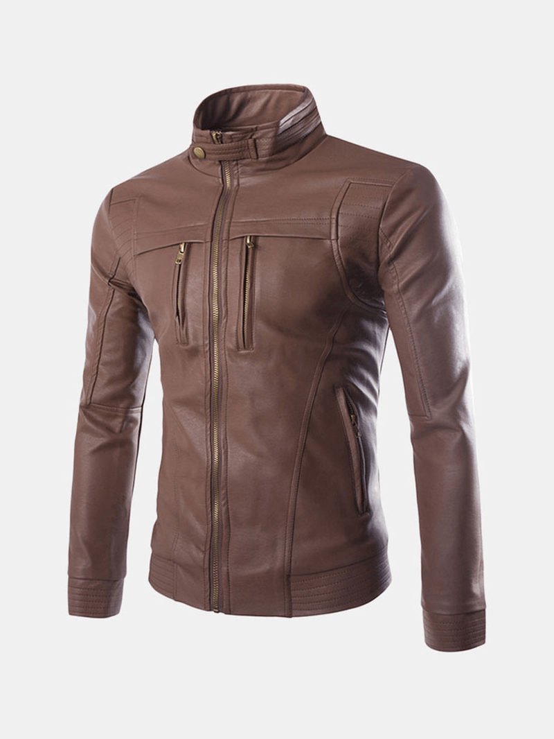 Mens Zipper Stand Collar Black Biker Faux Leather Jacket - MRSLM