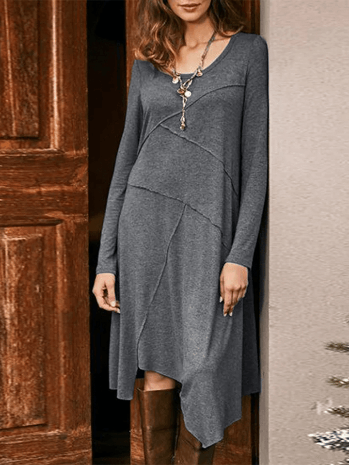 Women Solid Color Long Sleeve Asymmetrical Hem Casual Dresses - MRSLM