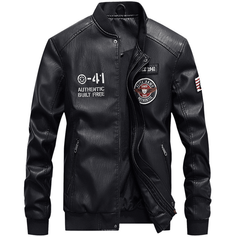 PU Leather Jacket Baseball Stand-Up Collar Trendy Men'S Leather All-Match Casual Jacket - MRSLM