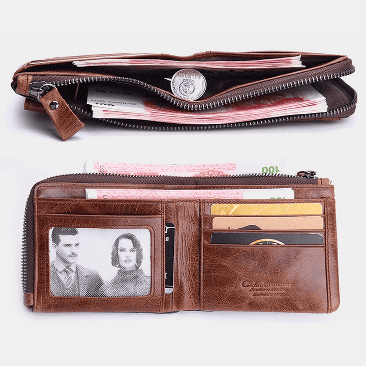 Men Genuine Leather Zipper Retro Business Multi Card Slot Leather Card Holder Wallet with Detachable Card Holder Bag - MRSLM