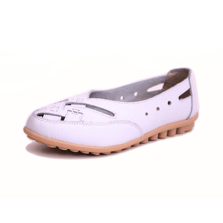 Women Summer Flat Casual Outdoor Hollow Out Leather Soft Comfortable Flat Loafers Shoes - MRSLM