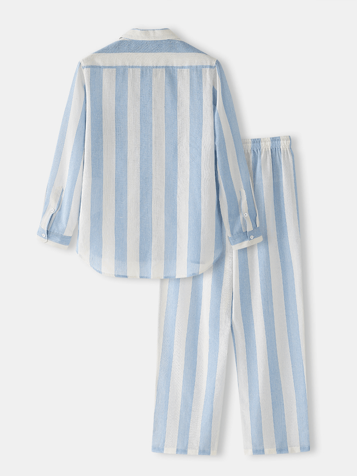 Mens Cotton Basic Striped Lapel Long Sleeve Loose Home Lounge Pajamas Set - MRSLM