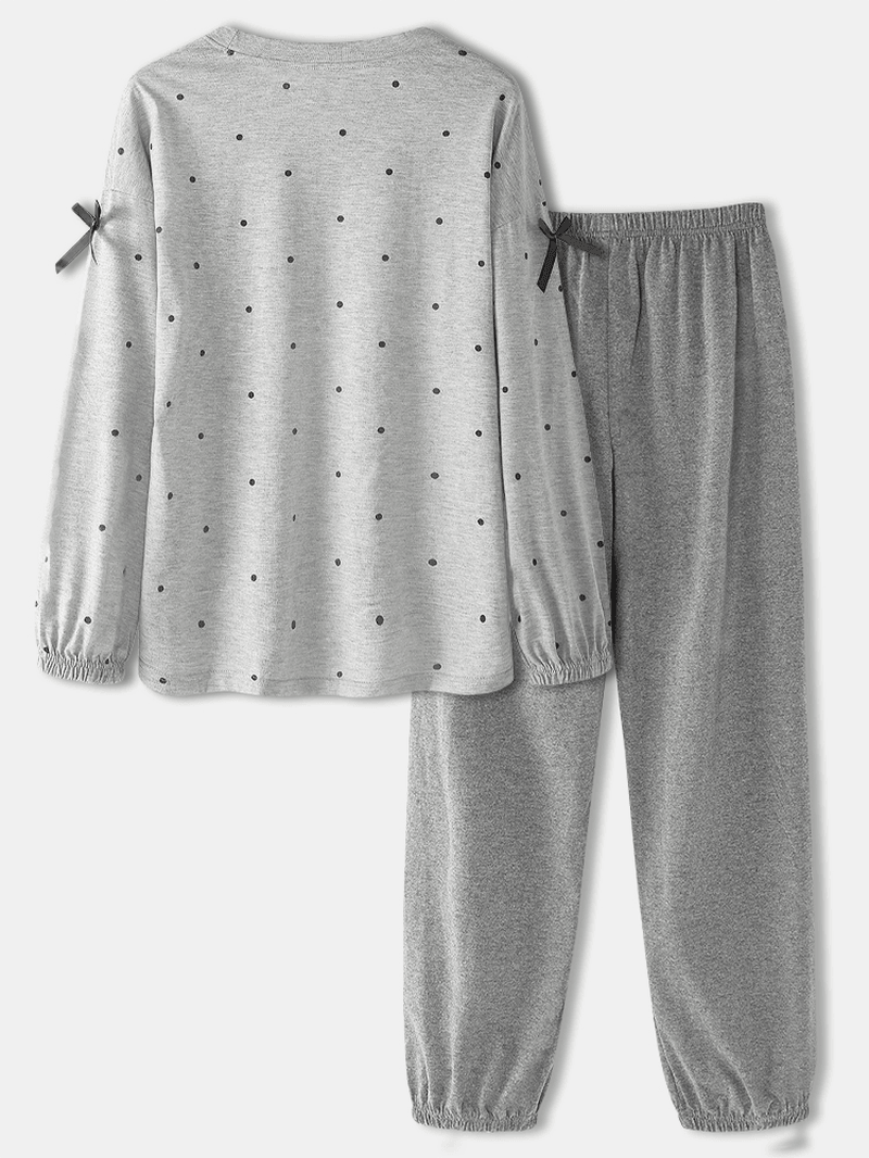 Women Doll Bear Pattern Polka Dot Print Long Sleeve Sweatshirts Elastic Waist Pants Home Pajama Set - MRSLM
