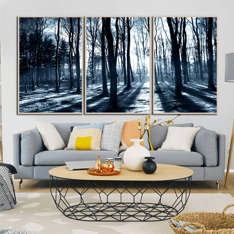 Miico Hand Painted Three Combination Decorative Paintings Woods under the Moonlight Wall Art for Home Decoration - MRSLM