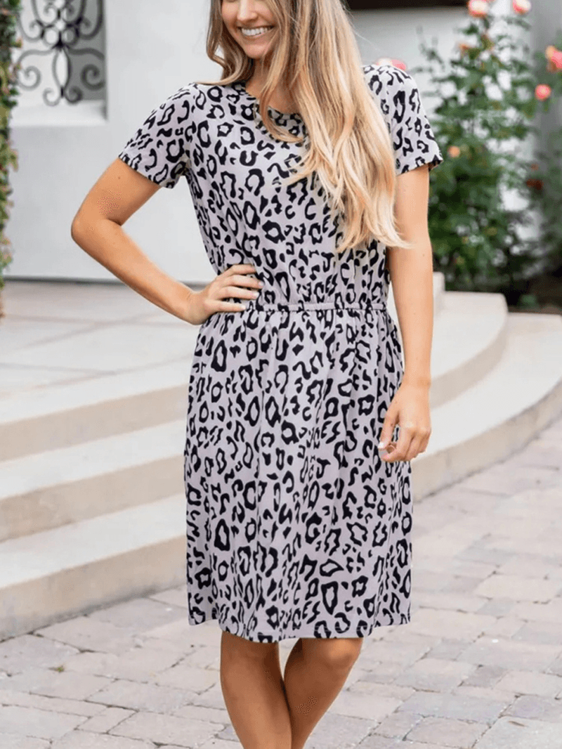 Leopard Print round Neck Elastic Waist Short Sleeve Mini Dress - MRSLM