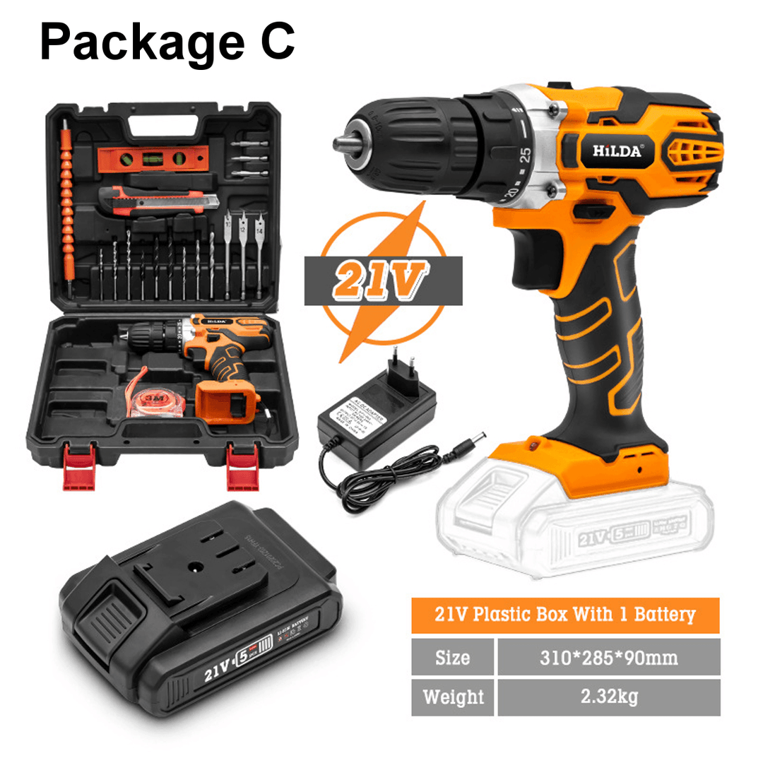 21V Cordless Electric Drill Driver 520N.M LED Portable Rechargeable Screwdriver Hammer Drill W/ 1/2 Battery - MRSLM