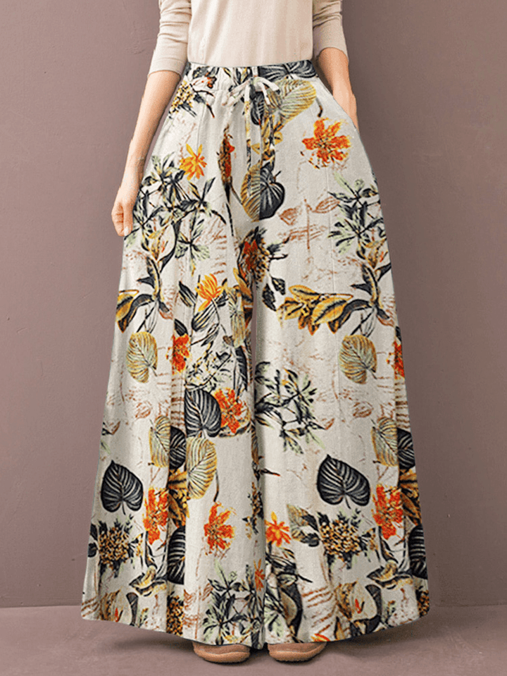 Women Vintage Floral Plant Print Drawstring Wide Leg Pants with Pocket - MRSLM