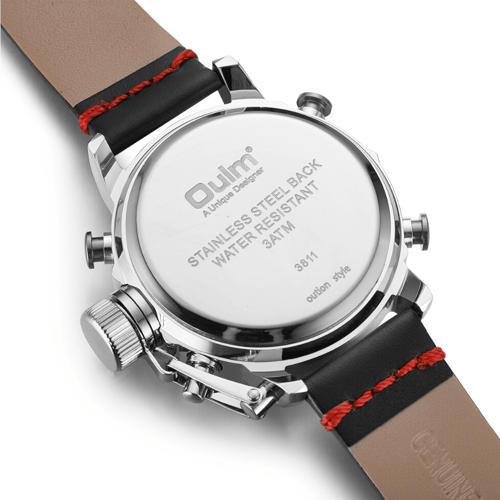 OULM 3811 Waterproof LED Dual Display Watch Casual Style Genuine Leather Strap Quartz Watch - MRSLM