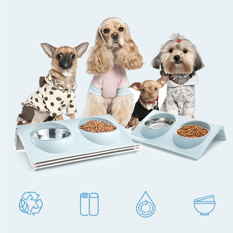 Oblique Design Anti-Splash Stainless Steel Pet Cat Dog Double Feeding Bowl - MRSLM