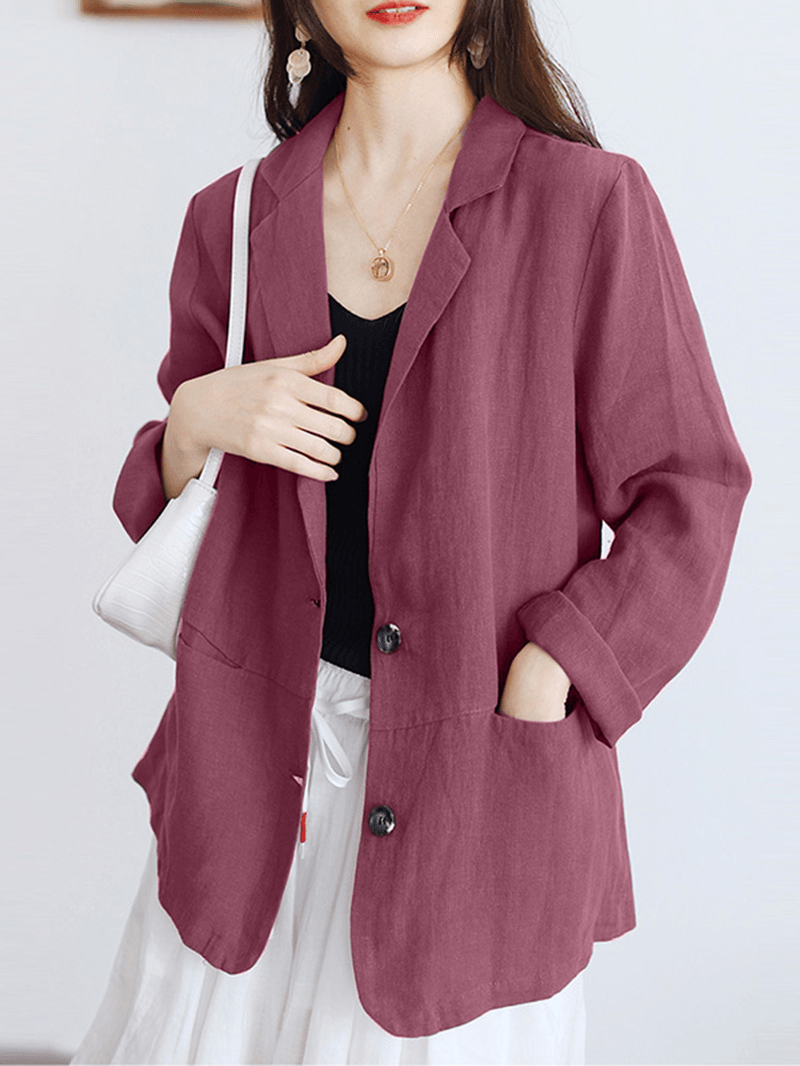 100% Cotton Lapel Business Casual Blazer with Front Pockets for Women - MRSLM