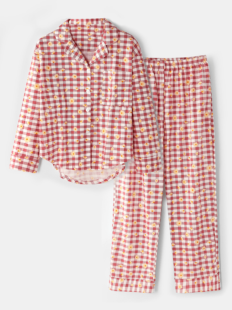 Women Plaid Floral Print Revere Collar Shirt Elastic Waist Loose Pocket Pants Pajama Set - MRSLM