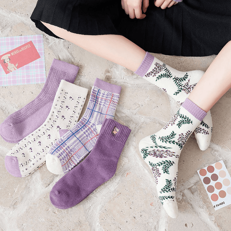 Women Cotton Thick Embroidery Multi Pattern Cute Casual Warm Tube Socks - MRSLM