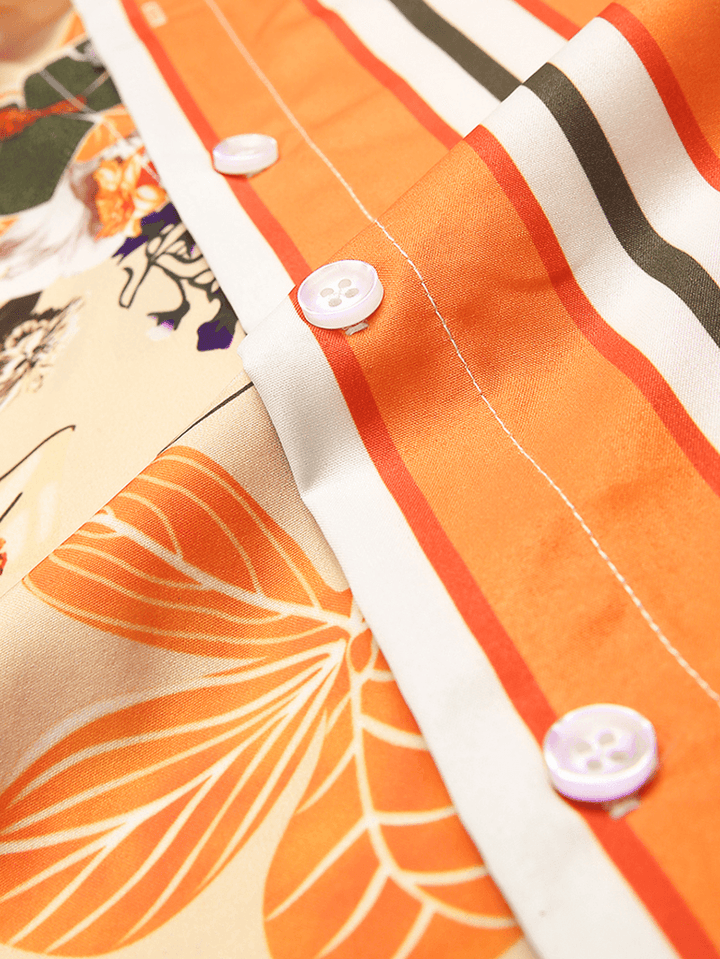 Men Tropical Plants Colorful Stripe Mixed Print Short Sleeve Casual Holiday Shirts - MRSLM