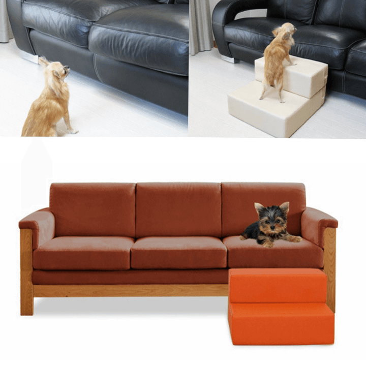 Portable Dog Cat 2 Steps Pet Stairs Ramp Ladder Leather Cover Folding Sofa Pet Bed - MRSLM