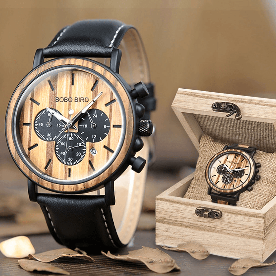 BOBO BIRD P09 Men Casual Wooden Date Display Wristwatches Quartz Watch with Box - MRSLM