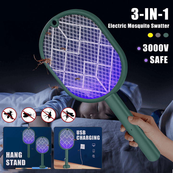 3000V 3 in 1 Electric Insect Swatter Zapper USB Rechargeable Mosquito Swatter - MRSLM