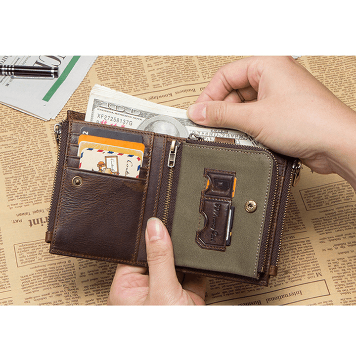 Men Anti-Theft RFID Blocking Genuine Leather Three Zipper Wallet - MRSLM