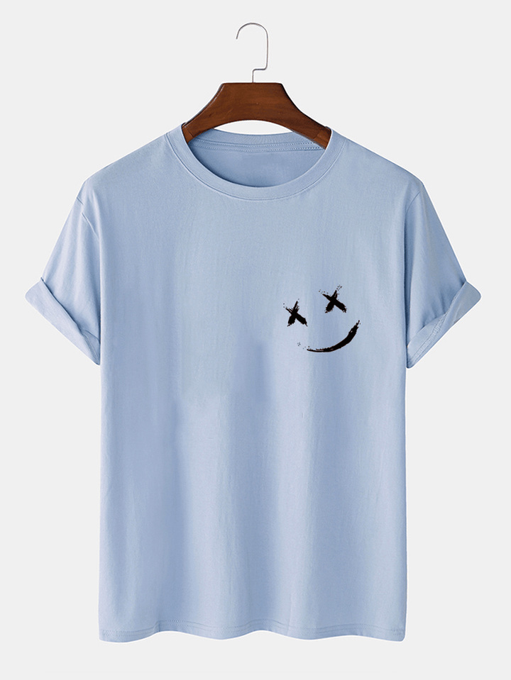 Mens Smile Chest Print O-Neck Casual Loose Short Sleeve T-Shirt - MRSLM