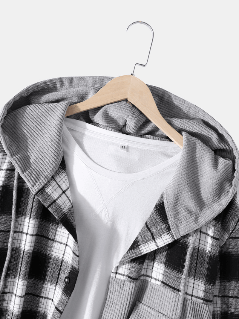 Mens 100% Cotton Plaid Patchwork Button up Hooded Shirts - MRSLM