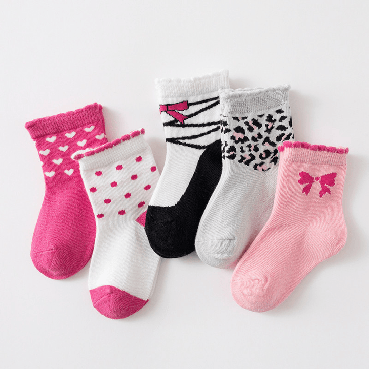 5 Pairs of Children Four Seasons Tube Socks Pink Gray Leopard Print - MRSLM