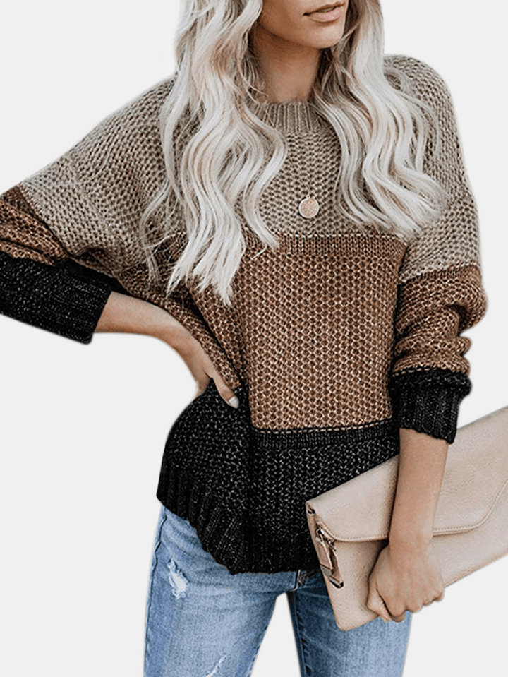 Women Contrast Color Patchwork round Neck Long Sleeve Knitted Casual Sweater - MRSLM