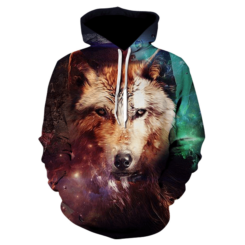 3D Colorful Wolf Print Hooded Pocket Sweatshirt - MRSLM