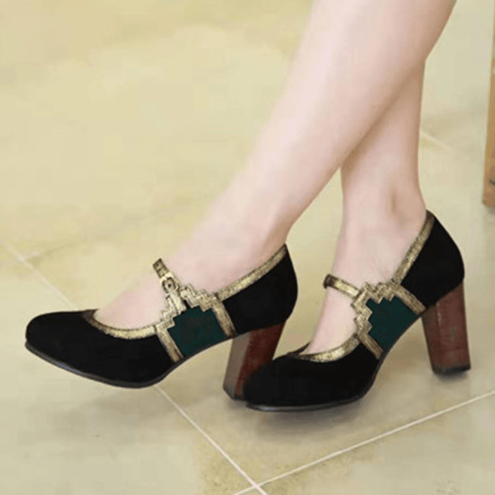 Women plus Size Stitching Chunky Heel Pumps - MRSLM