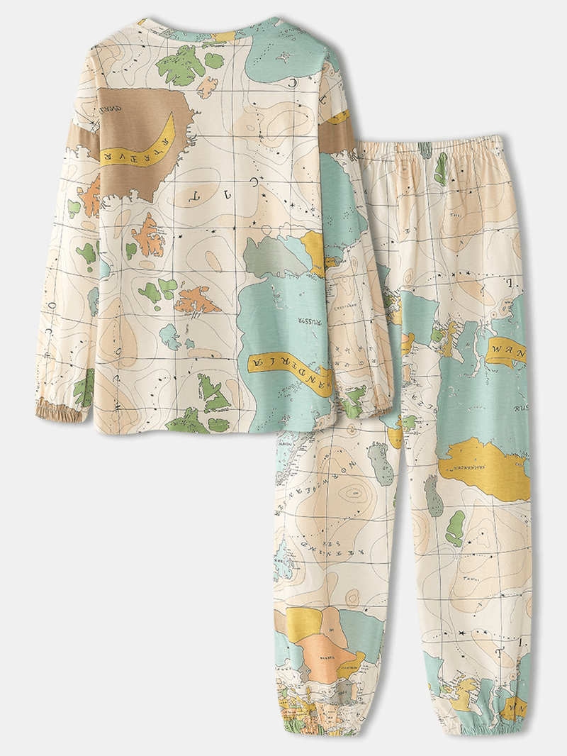 Women World Map Print round Neck Elastic Waist Jogger Pants Home Pajamas Set - MRSLM